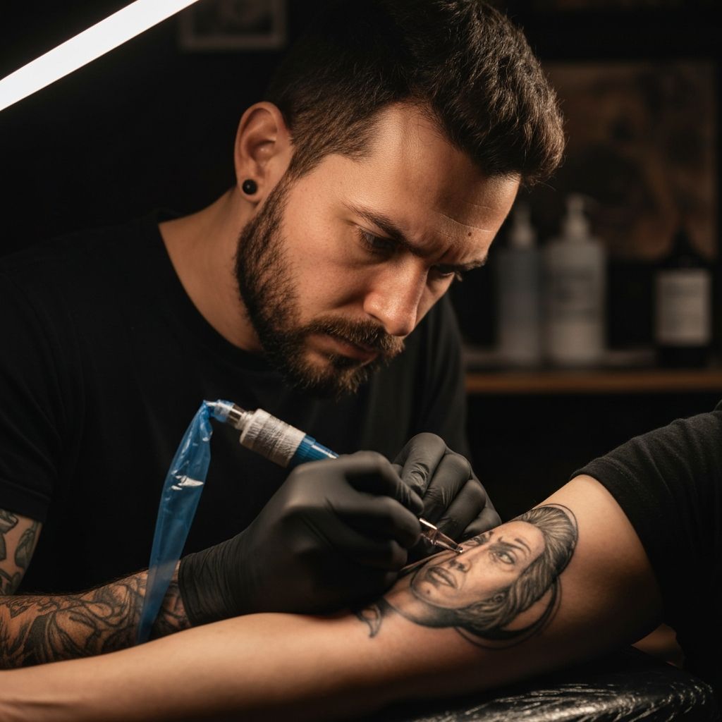 Tatuador trabalhando em uma tatuagem realista